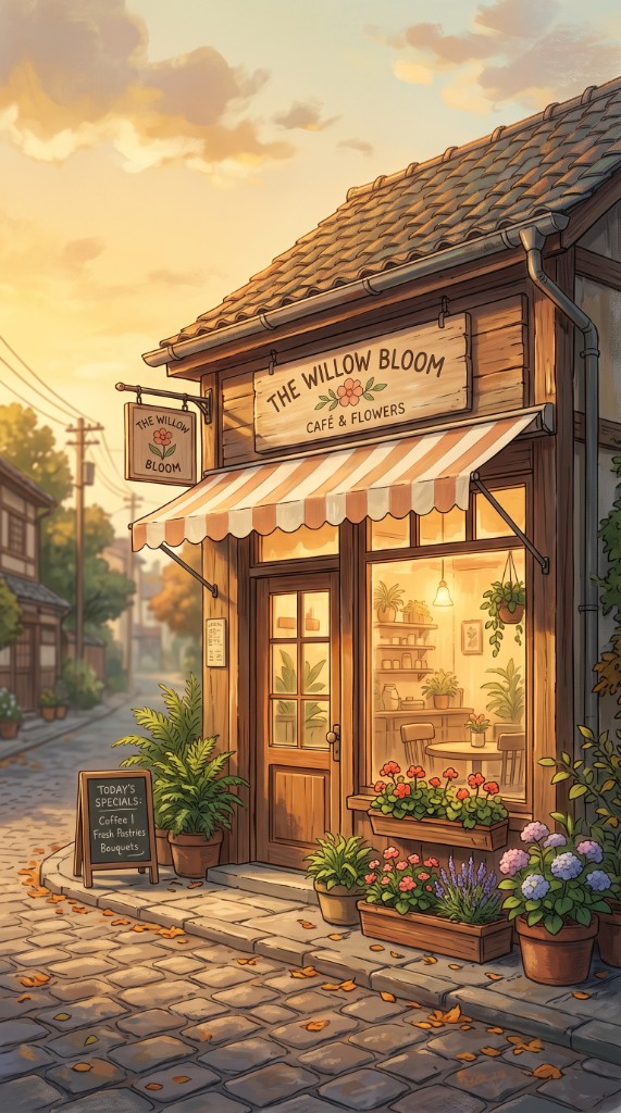 A cozy neighborhood café and flower shop storefront